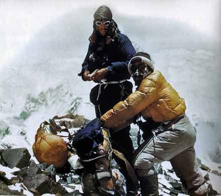 
Everest First Ascent - Edmund Hillary and Tenzing Norgay on the Everest Southeast Ridge at 8320m on their way to Camp IX on May 28, 1953
